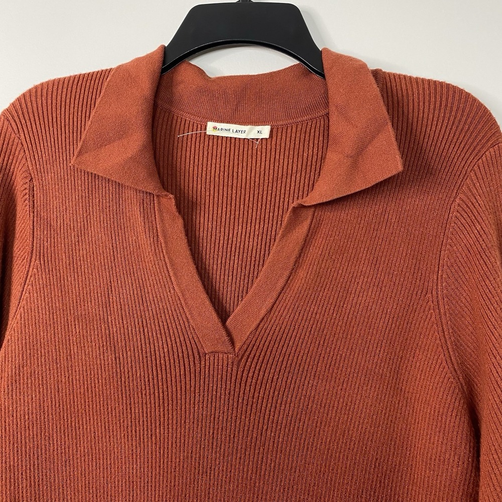 Marine Layer Lexi Ribbed Knit Long Sleeve Polo Midi Dress Women's XL Burnt Henna - Picture 7 of 16